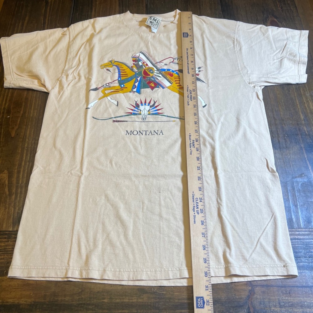 Vintage EMI Montana Native American Warrior Graphic T-Shirt Tan Mens XL USA - Picture 5 of 7